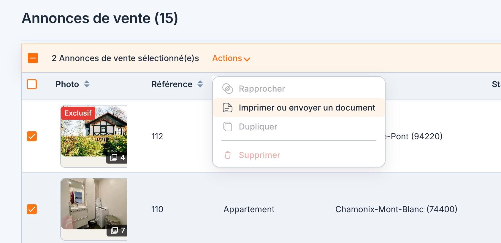 La liste « Annonces de vente » avec deux annonces cochées : menu « Actions », puis « Imprimer ou envoyer un document ».