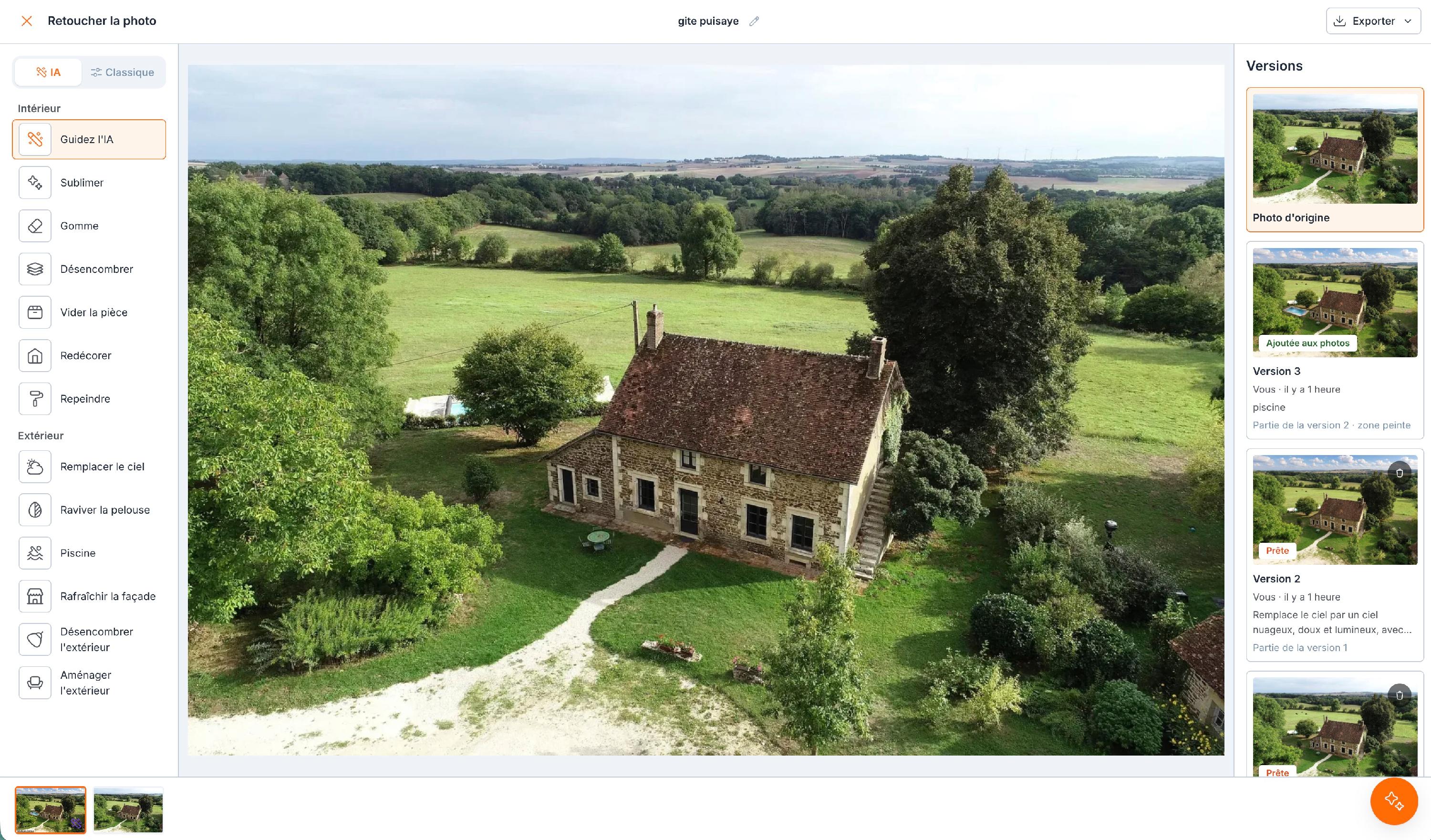 La fenêtre « Retoucher la photo » : les outils IA à gauche, rangés en Intérieur et Extérieur ; la photo au centre ; les versions à droite, de la photo d'origine à la plus récente.