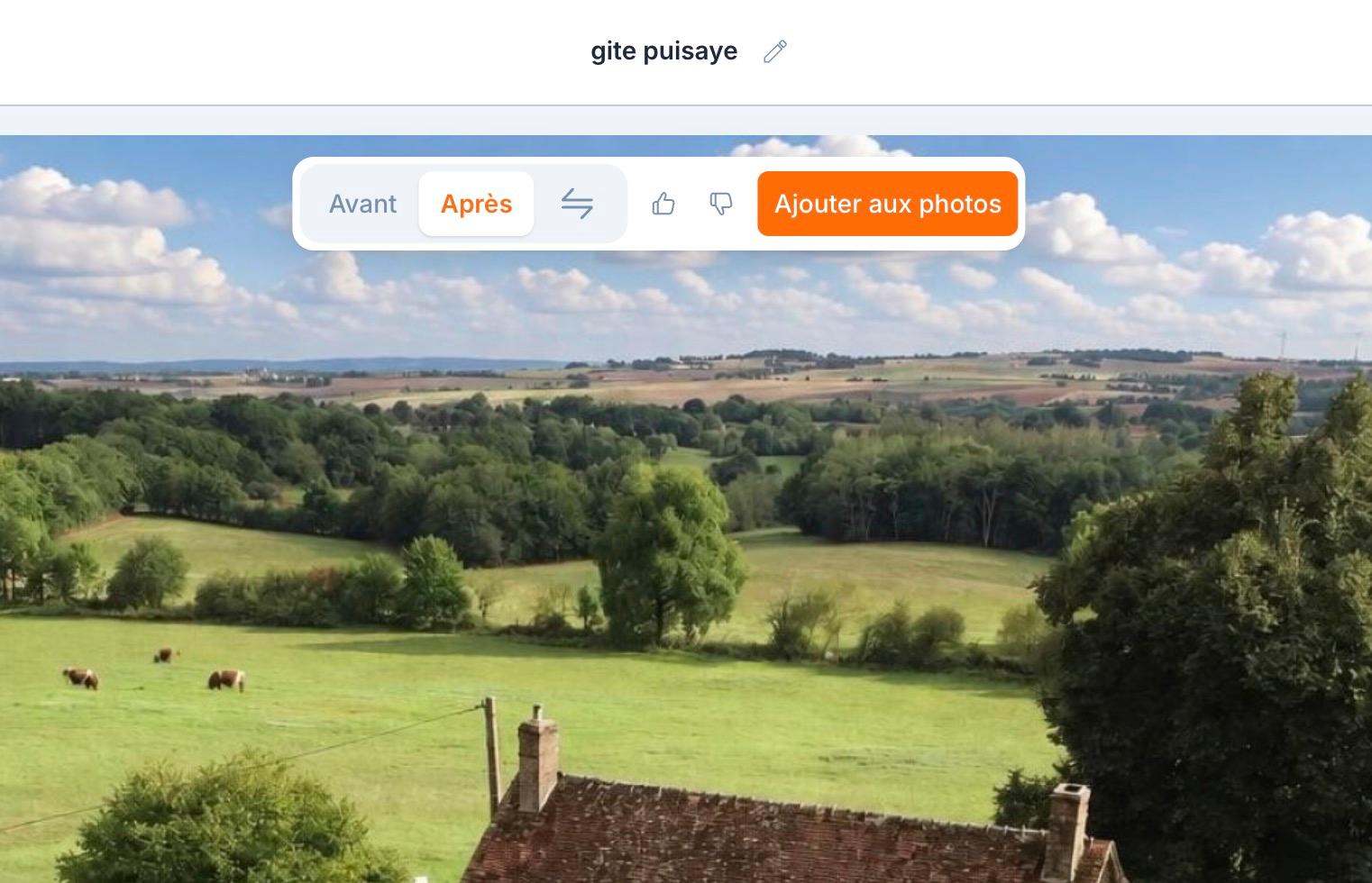 La barre au-dessus de la photo : Avant, Après, le rideau, les pouces et « Ajouter aux photos ».