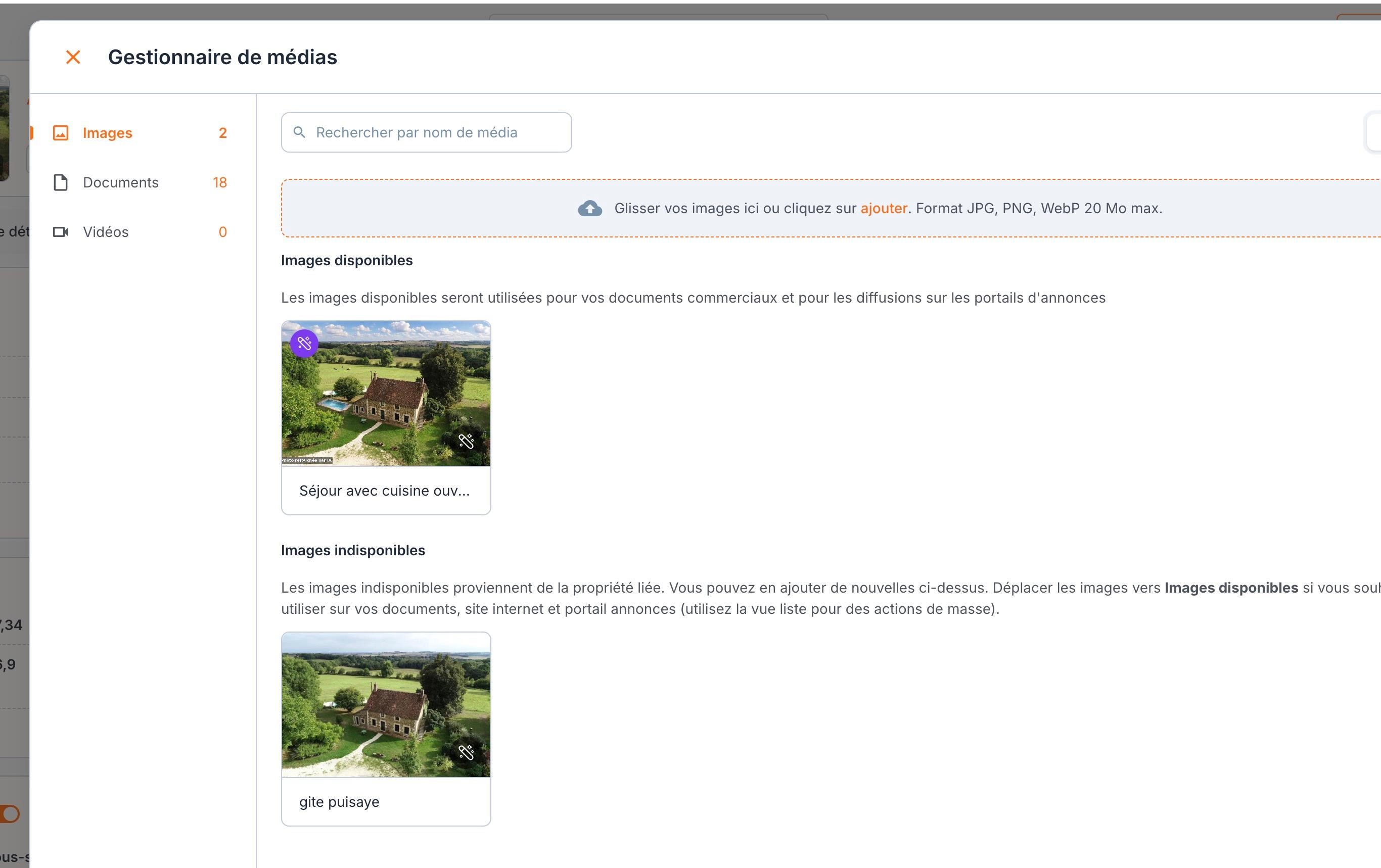 La photo retouchée, passée dans Images disponibles avec sa pastille violette et la mention « Photo retouchée par IA » ; l'original reste dans Images indisponibles.