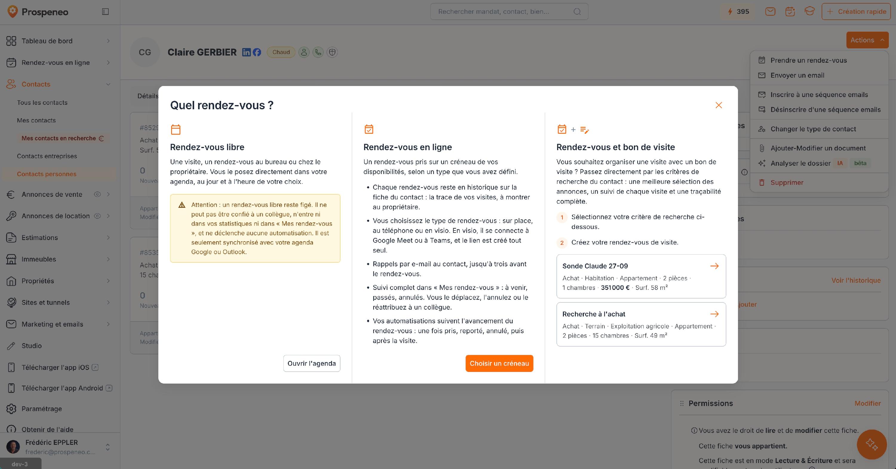 La fenêtre « Quel rendez-vous ? » : rendez-vous libre, rendez-vous en ligne, et dans la troisième colonne « Rendez-vous et bon de visite », les recherches du contact en cartes.
