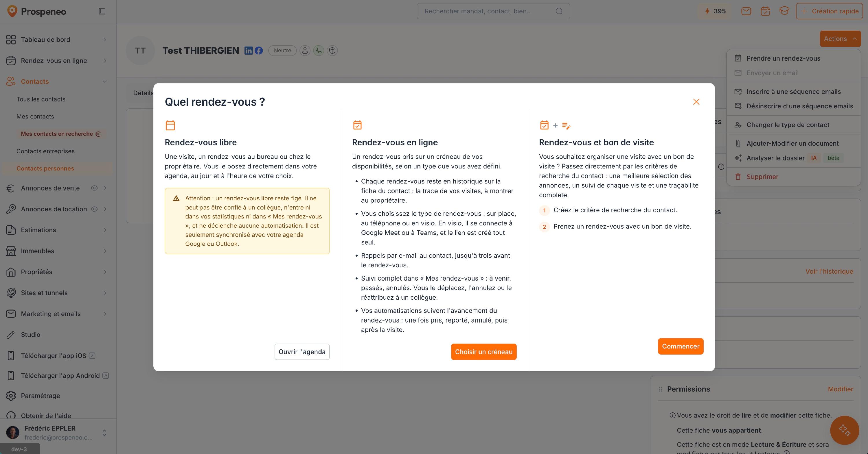 Un contact sans recherche : la troisième colonne donne les deux étapes, et « Commencer » ouvre la création de la recherche.