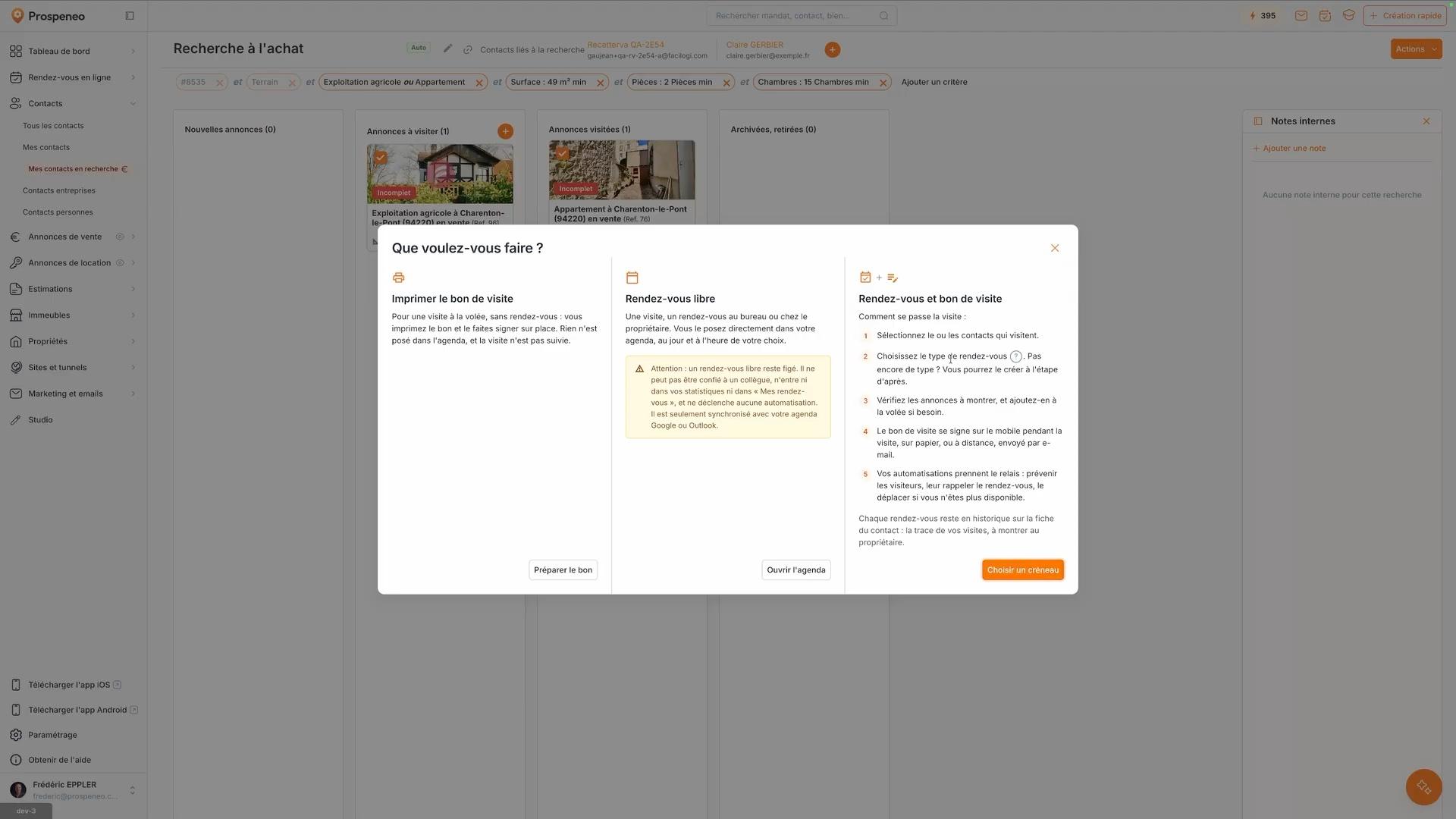 La fenêtre « Que voulez-vous faire ? » : « Préparer le bon » pour imprimer, « Ouvrir l'agenda » pour un rendez-vous libre, et « Choisir un créneau » pour un rendez-vous et bon de visite.