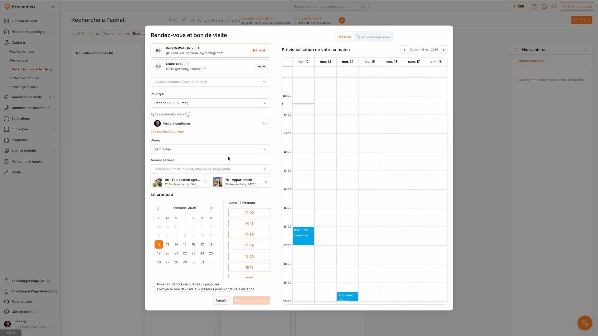 La fenêtre « Rendez-vous et bon de visite » : les contacts en tête, marqués « Principal » ou « Invité », « Inviter un contact (nom ou e-mail) », puis « Pour qui », le type, la durée, les annonces et le créneau. À droite, la semaine d'agenda.
