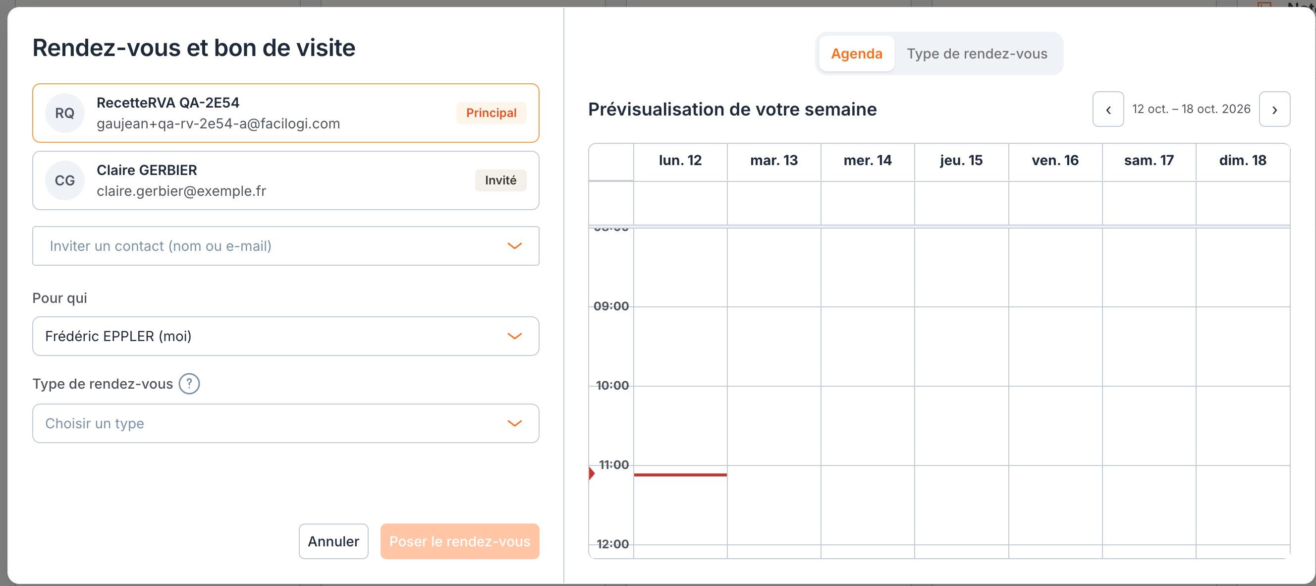 La fenêtre de réservation : les contacts en tête, l'un « Principal », l'autre « Invité », le champ « Inviter un contact (nom ou e-mail) », puis « Pour qui » et « Type de rendez-vous ». À droite, l'onglet « Agenda » montre votre semaine.