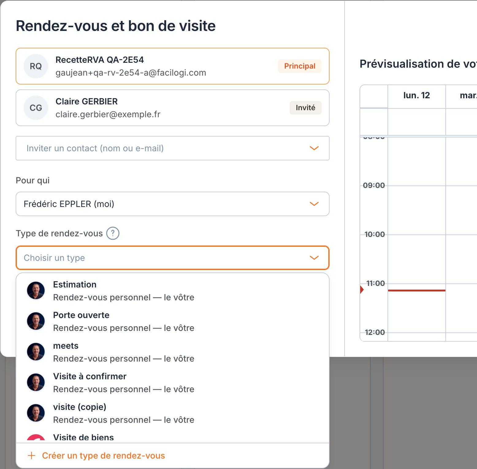 Le menu « Type de rendez-vous » : les types de la personne choisie dans « Pour qui », et en bas « Créer un type de rendez-vous ».
