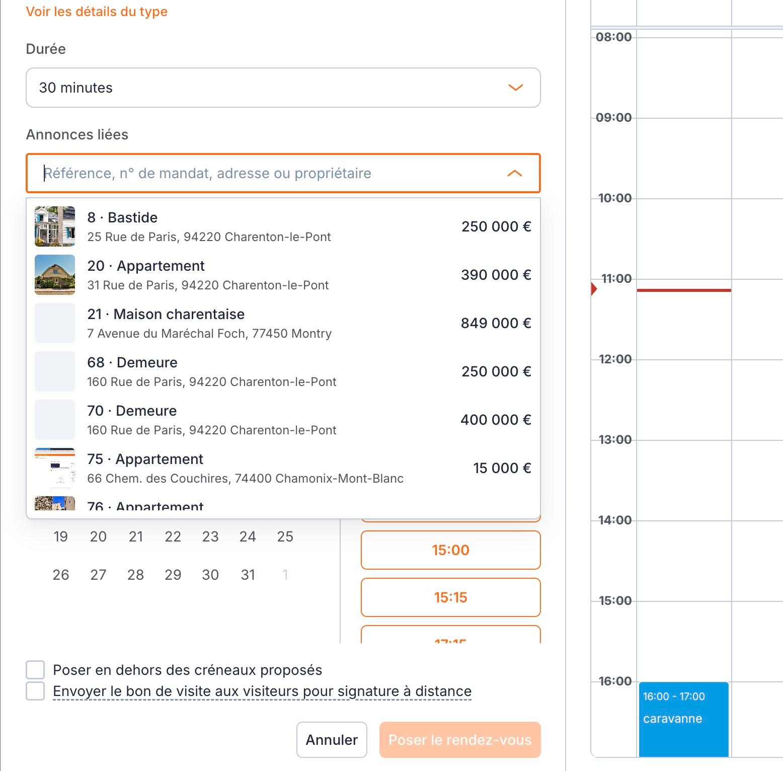 « Annonces liées » : cherchez par référence, numéro de mandat, adresse ou propriétaire. Chaque annonce s'affiche avec sa photo, son adresse et son prix.
