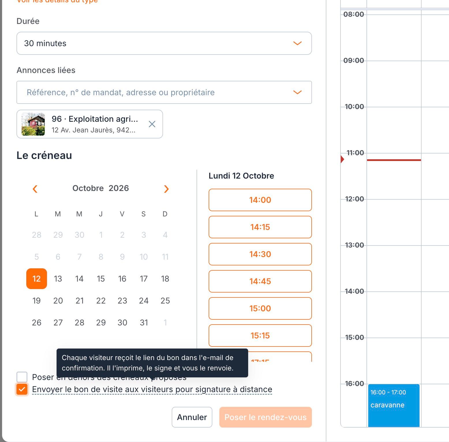L'annonce ajoutée, le créneau choisi, et la case « Envoyer le bon de visite aux visiteurs pour signature à distance » cochée : la bulle rappelle que chaque visiteur reçoit le lien du bon dans l'e-mail de confirmation.