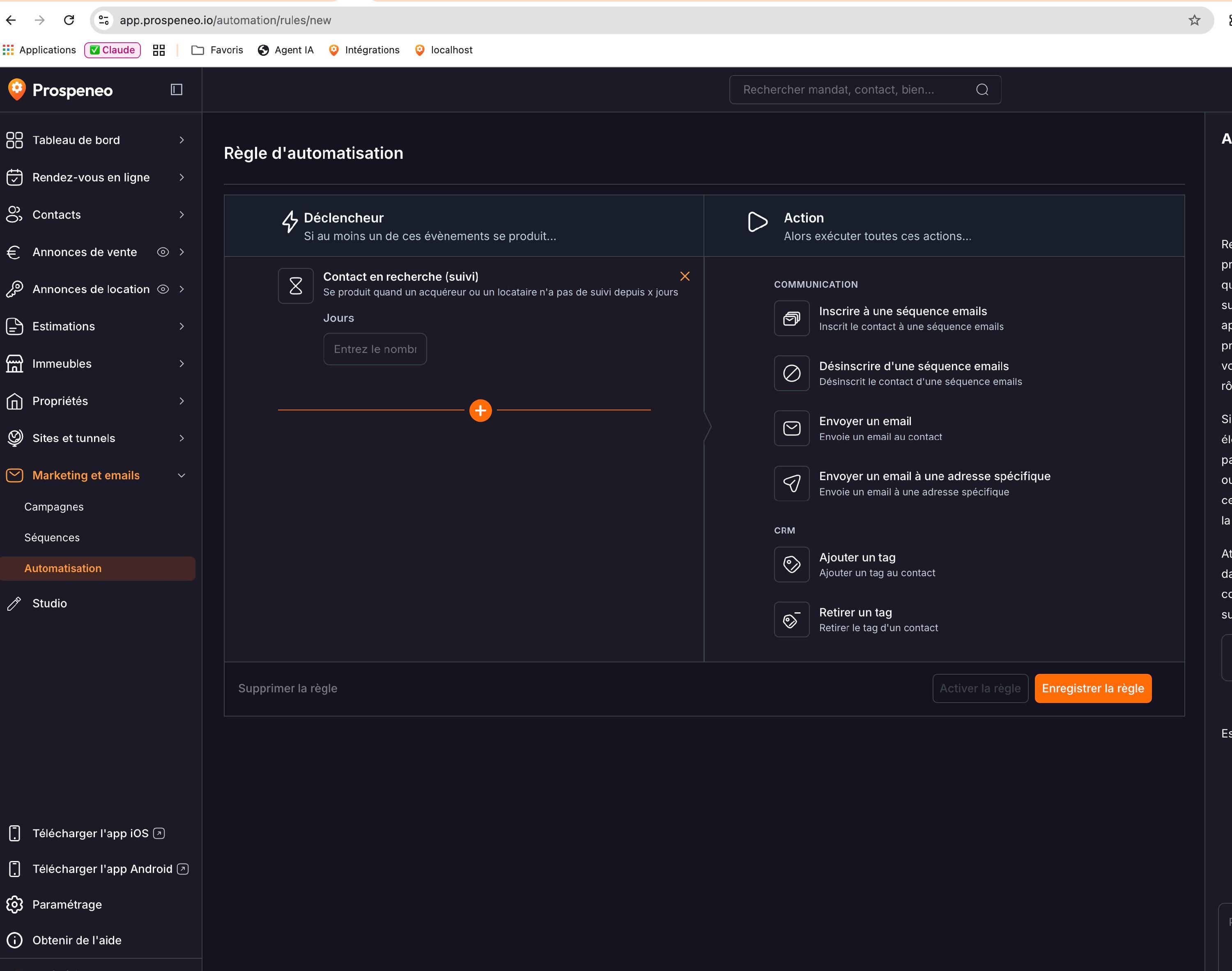 Une règle avec le déclencheur « Contact en recherche (suivi) » : le champ « Jours » fixe le délai sans compte rendu au-delà duquel la relance part. Les actions sont à droite, dont « Envoyer un email ».
