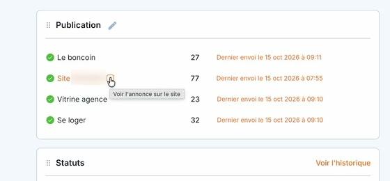 Le bloc « Publication » : à côté du nom de votre site, l'icône « Voir l'annonce sur le site ».