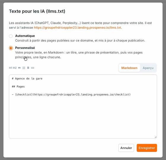 Le mode « Personnalisé » : la barre d'outils (H1, H2, citation, liste, gras, lien) et le texte en Markdown, un titre et la liste des pages.