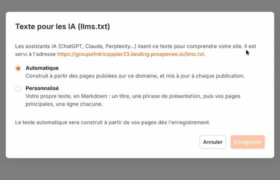 La fenêtre « Texte pour les IA (llms.txt) » en mode « Automatique » : le texte sera construit à partir de vos pages dès l'enregistrement.