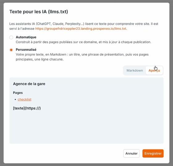 L'onglet « Aperçu » : le titre, la liste des pages avec son lien. Un lien posé par l'icône « Lien » mais pas encore rempli s'affiche tel quel, « [texte](https://) ».