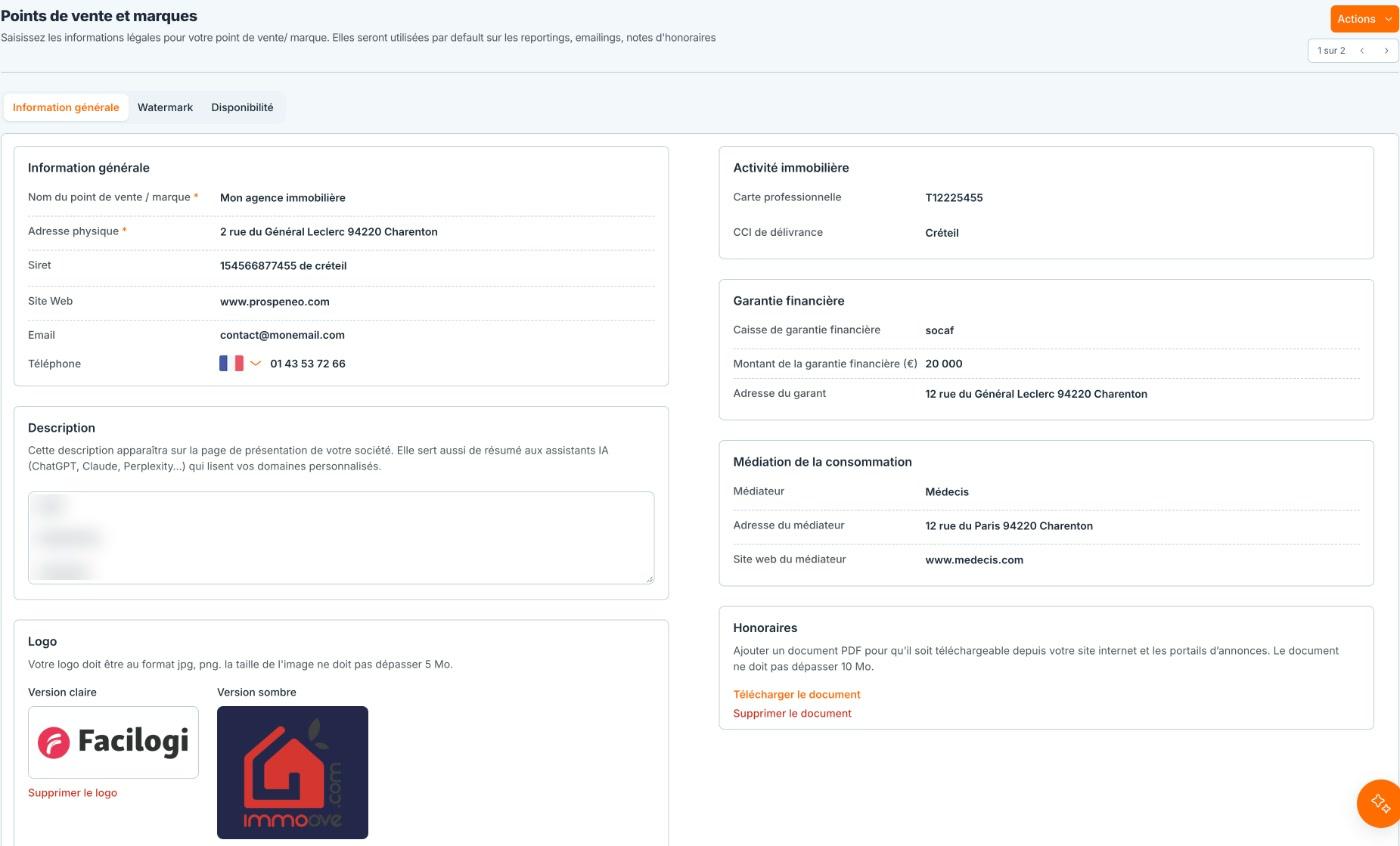 La fiche d'un point de vente : informations générales, description, logo, et à droite les informations légales et le barème d'honoraires.