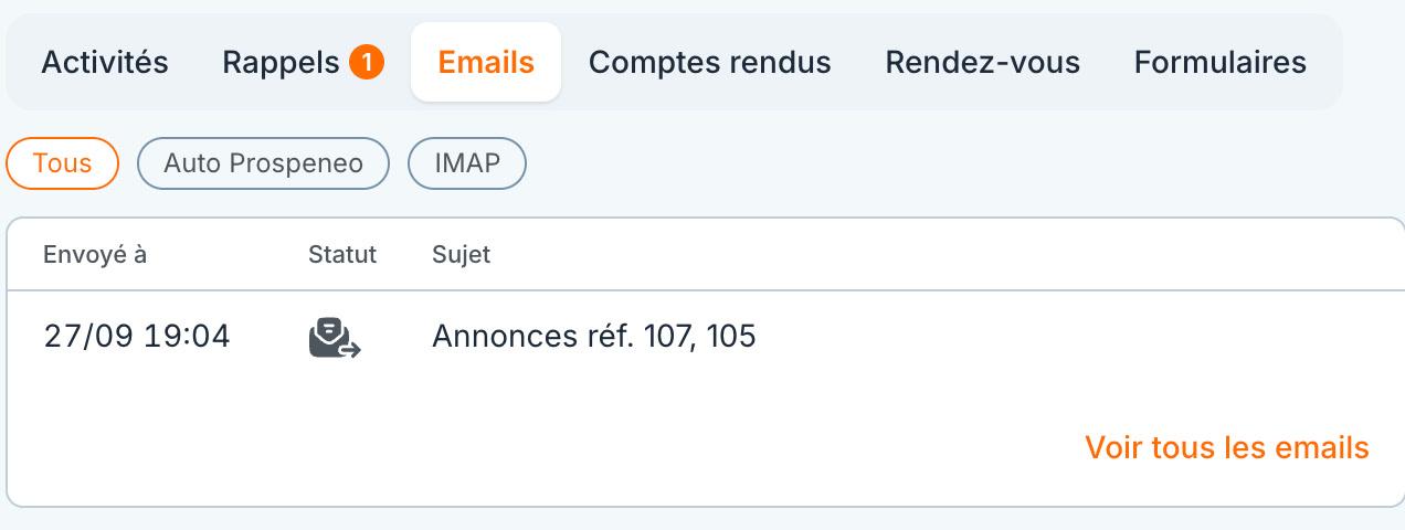 L'onglet « Emails » de la fiche : les e-mails échangés avec le contact, et leurs filtres.