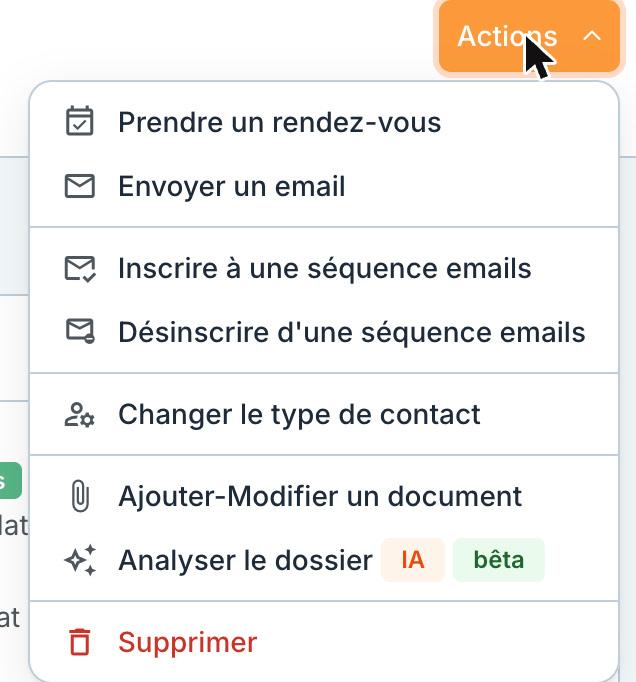 Le menu « Actions » de la fiche contact : « Changer le type de contact ».