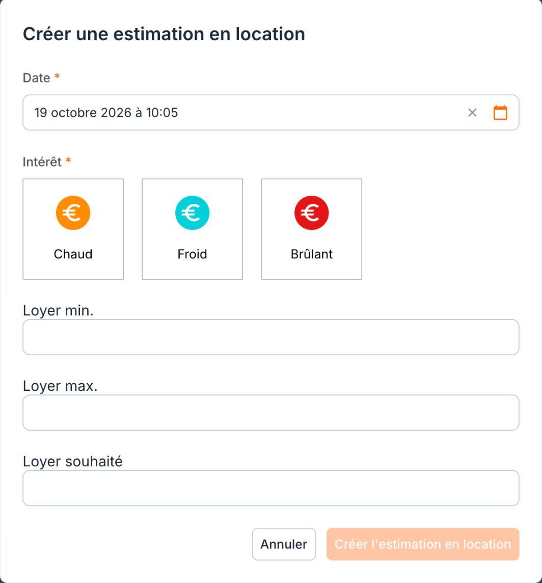 Le formulaire d'une estimation de location.