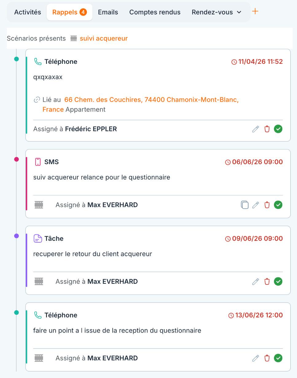 L'onglet « Rappels » : le scénario en cours en haut, et sur chaque carte le crayon, la corbeille et le cercle vert. Une carte SMS a en plus une icône pour copier son texte.
