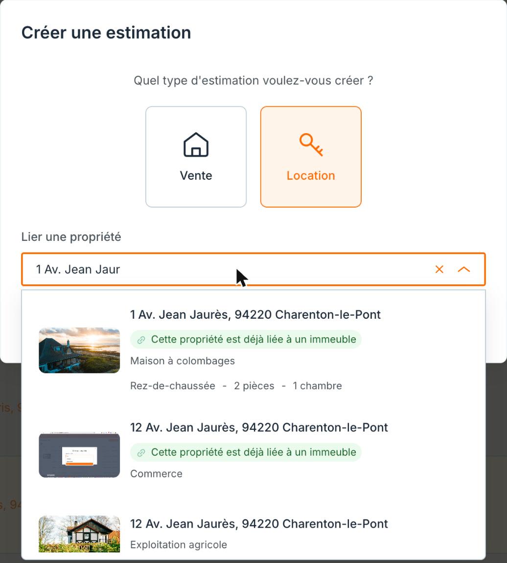 En tapant l'adresse, Prospeneo propose les propriétés existantes, avec leur photo et leurs caractéristiques.