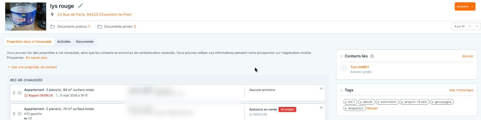 La fiche d'un immeuble : ses propriétés, étage par étage, avec leurs contacts et leurs annonces.