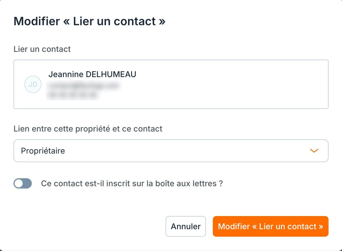 La fenêtre « Modifier « Lier un contact » » : le lien avec la propriété, et l'interrupteur de la boîte aux lettres.