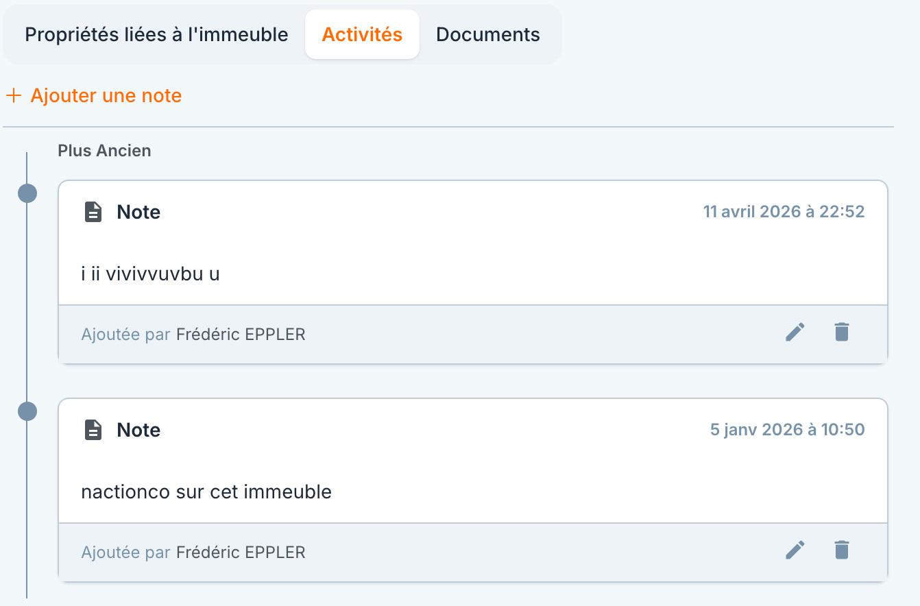 L'onglet « Activités » d'un immeuble : ses notes.