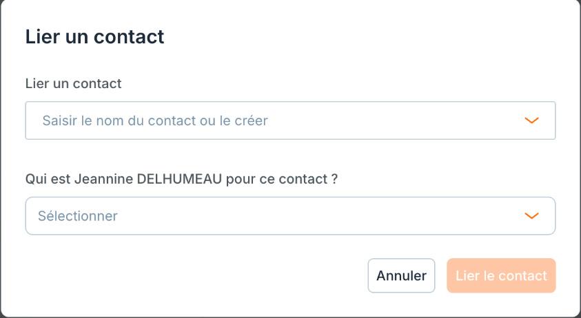 La fenêtre « Lier un contact » : le contact à lier, puis la relation.