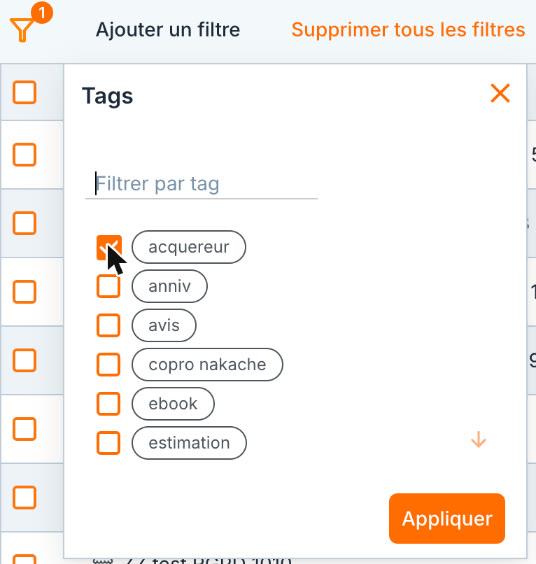 Le filtre « Tags » : cochez un ou plusieurs tags, puis « Appliquer ».
