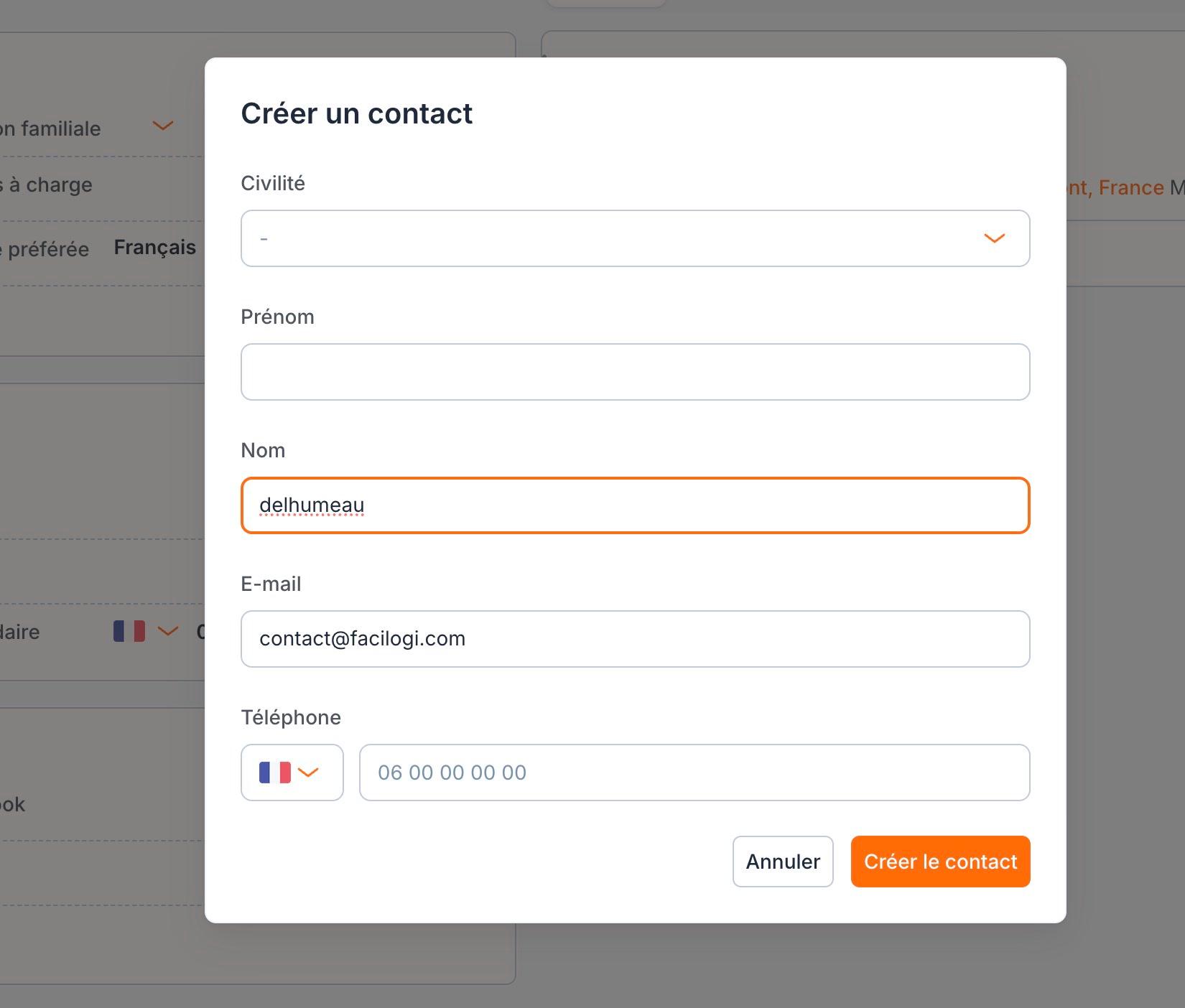 La fenêtre « Créer un contact » : le nom « delhumeau » et une adresse e-mail déjà utilisée dans la base.