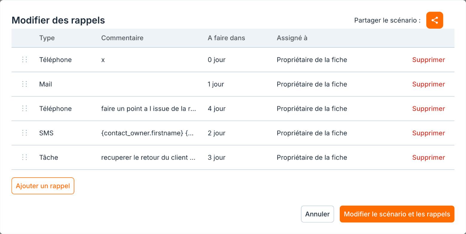 La fenêtre « Modifier des rappels ».