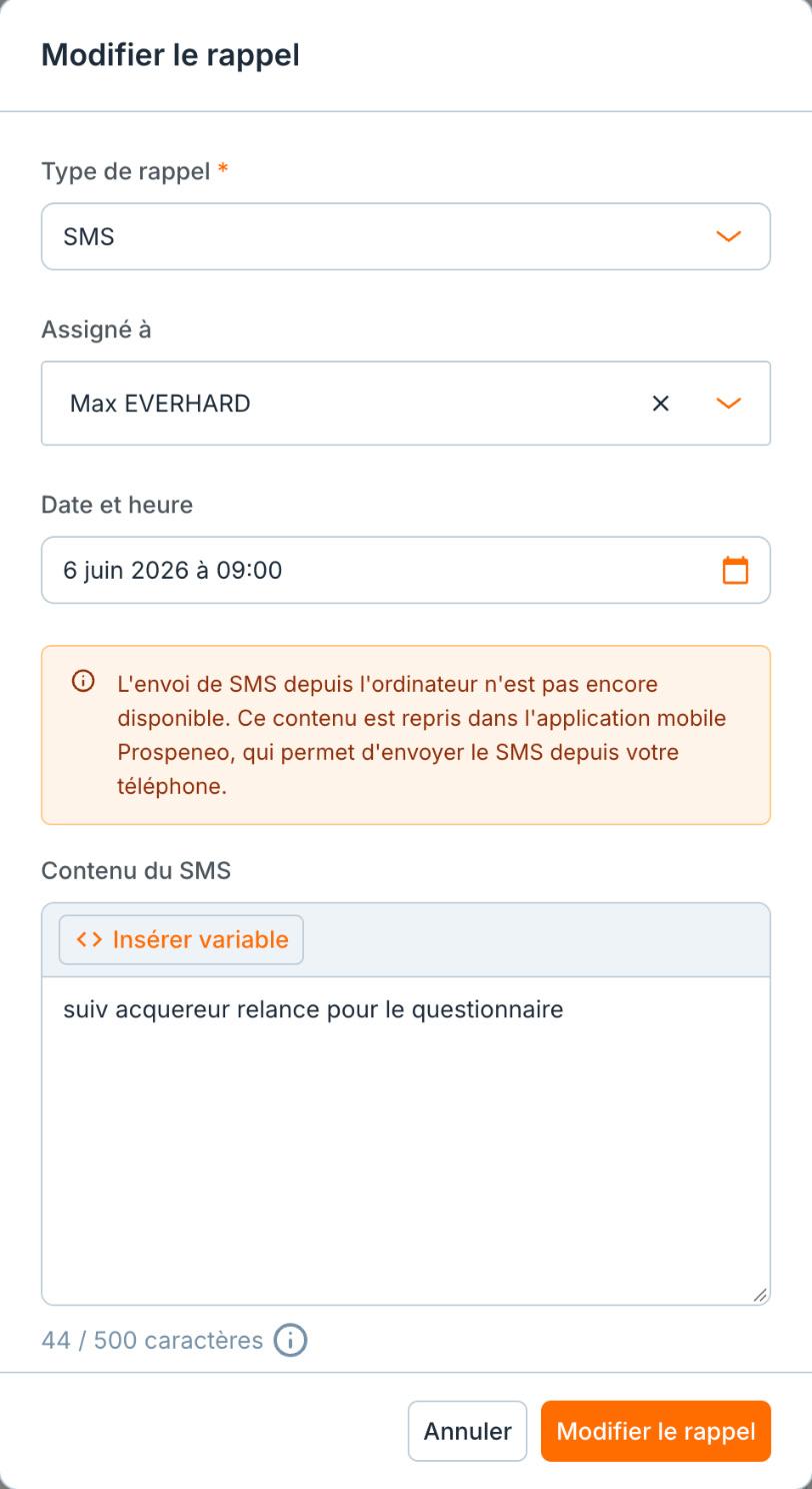 Le volet « Modifier le rappel » d'un SMS.