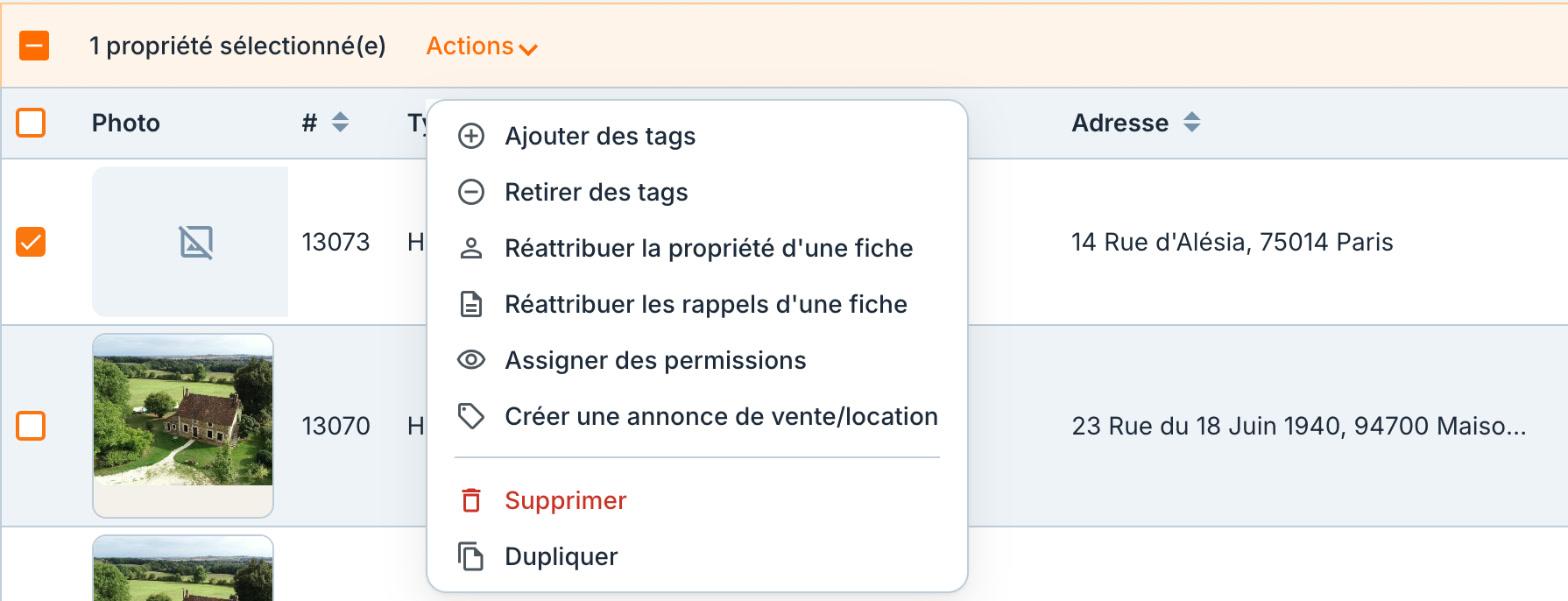 Le menu « Actions » d'une sélection de propriétés : « Ajouter des tags » et « Retirer des tags ».