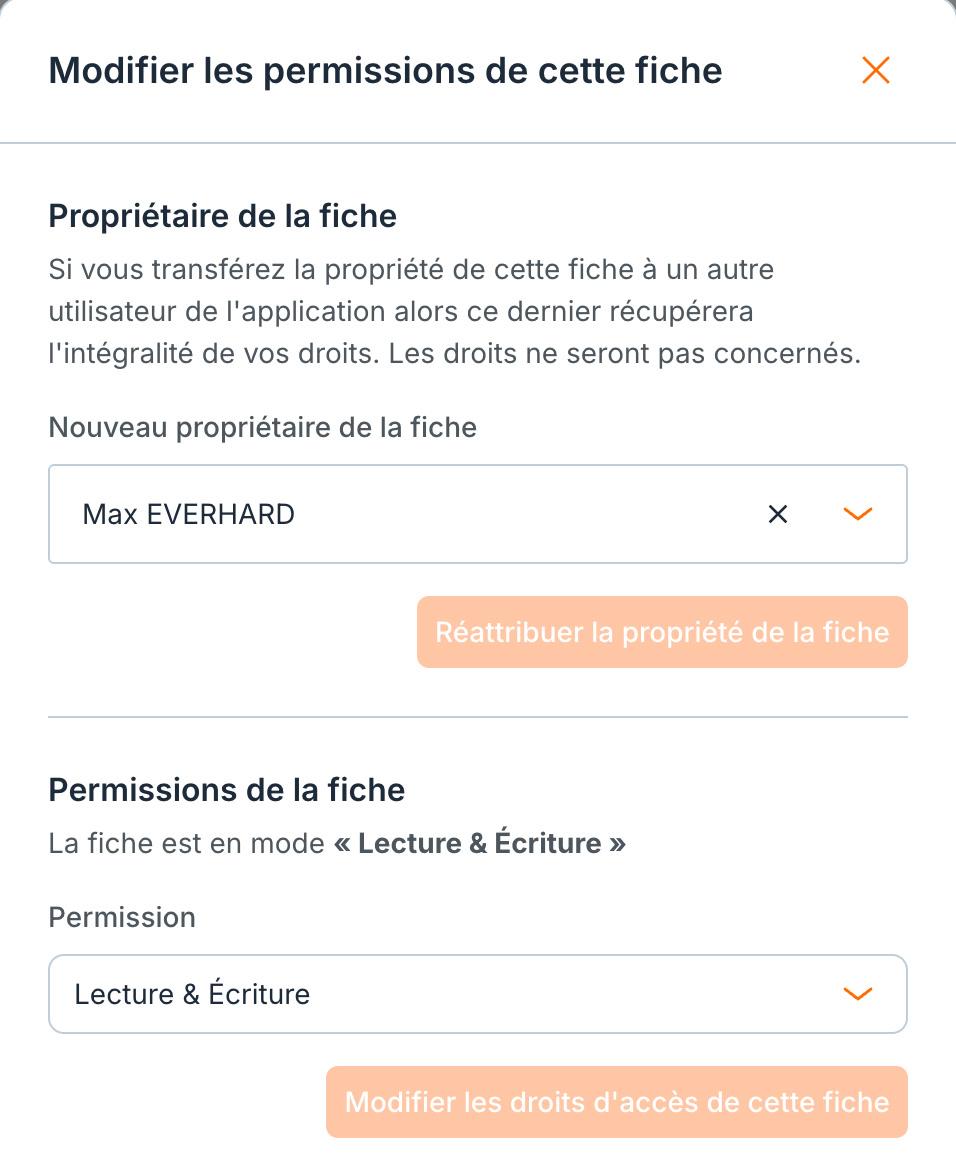 Le panneau « Modifier les permissions de cette fiche » : le propriétaire en haut, les droits d'accès en bas.