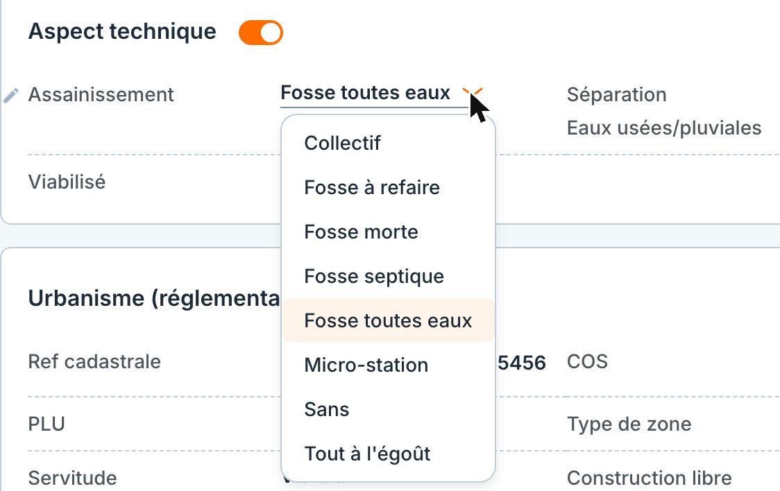 La liste « Assainissement » : collectif, fosse septique, fosse toutes eaux, micro-station…