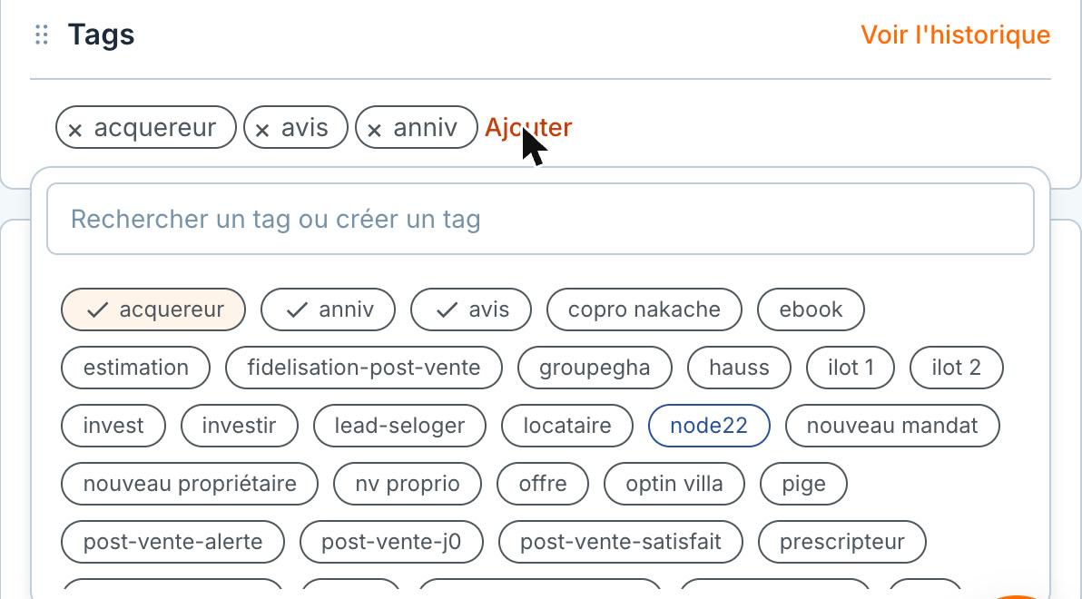 « Rechercher un tag ou créer un tag » : les tags déjà posés sont cochés.