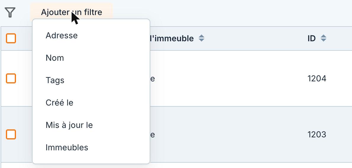Le menu « Ajouter un filtre » de la liste des immeubles.