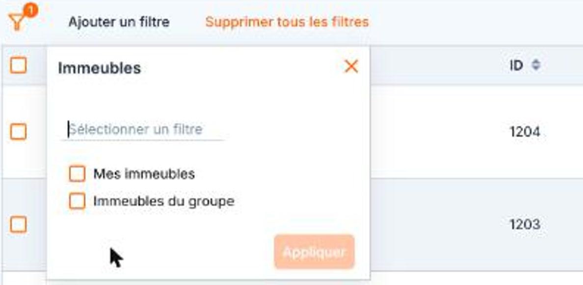 Le filtre « Immeubles » : vos immeubles, ou ceux de votre groupe.