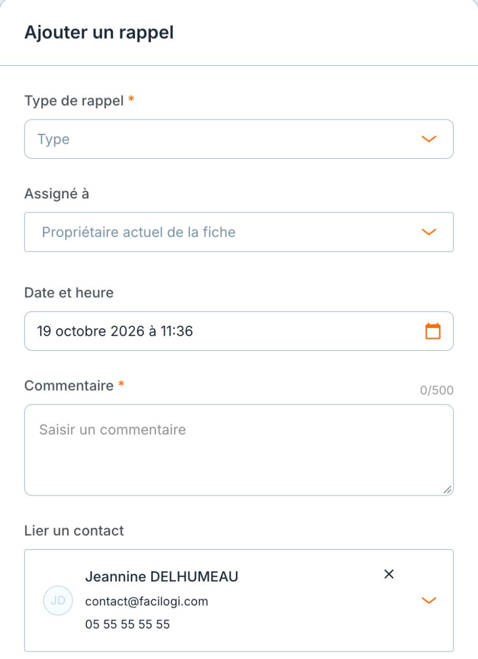 Le panneau « Ajouter un rappel » d'une propriété.