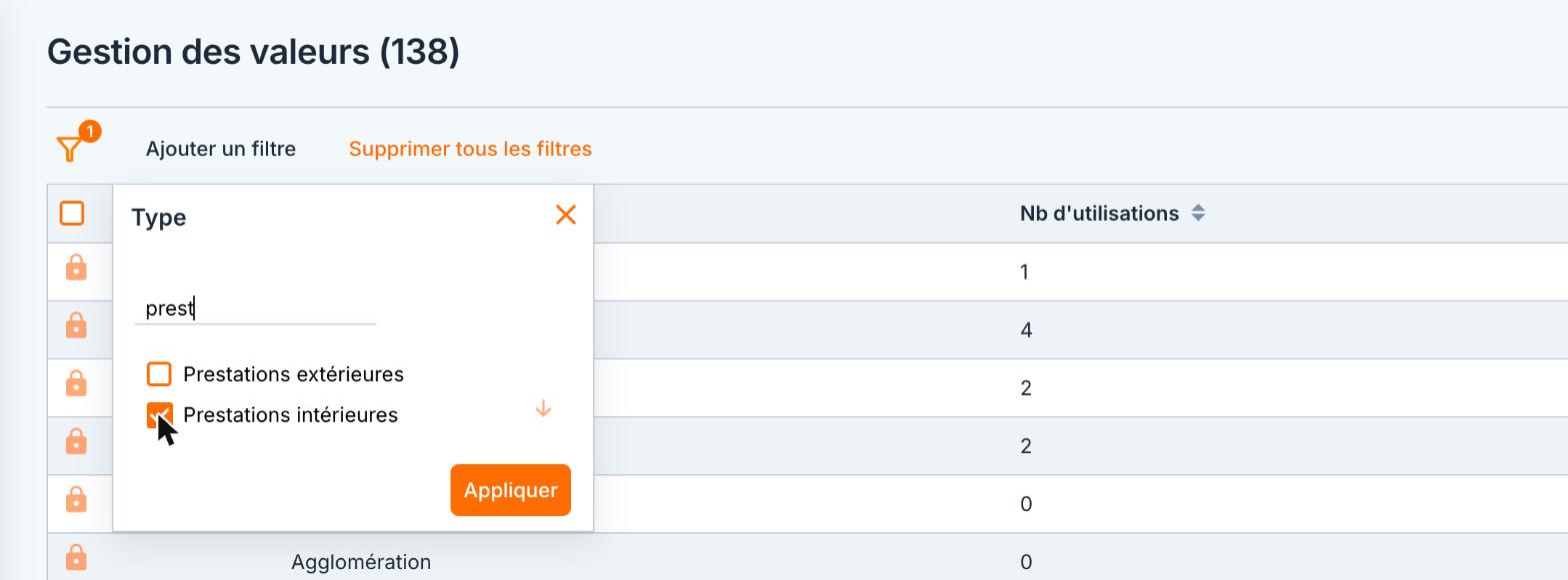 Le filtre « Type » : « prest » réduit la liste, « Prestations intérieures » est coché.