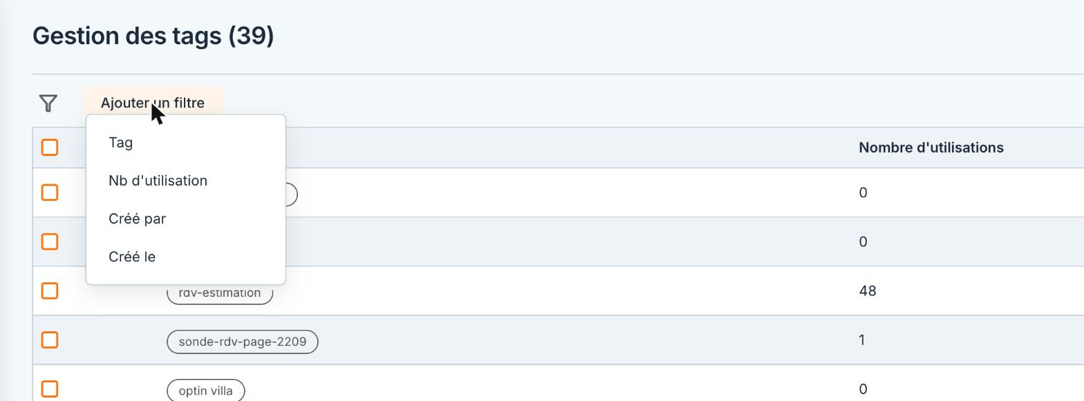 Les filtres de la liste des tags.