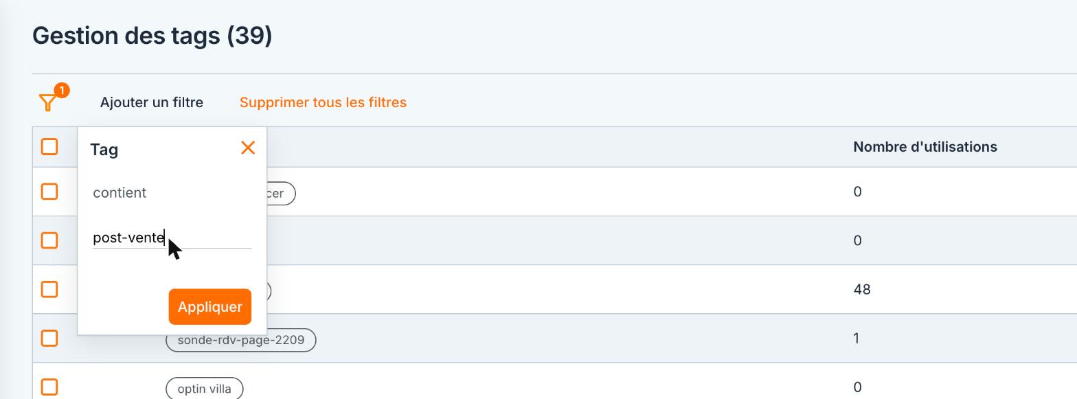 Le filtre « Tag » : les tags qui contiennent « post-vente ».