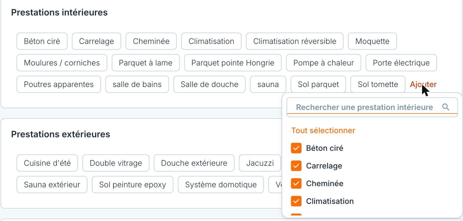 La liste ouverte par « Ajouter » : une recherche, « Tout sélectionner » et une case par prestation.