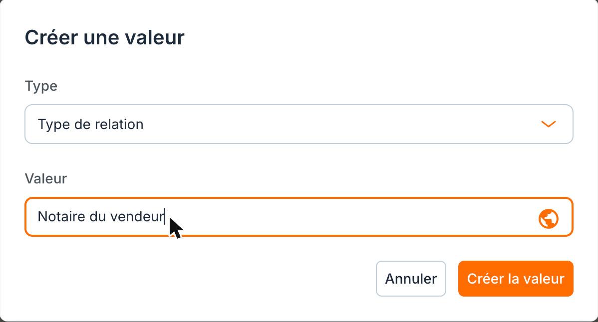 La fenêtre « Créer une valeur » : le type « Type de relation » et un exemple.