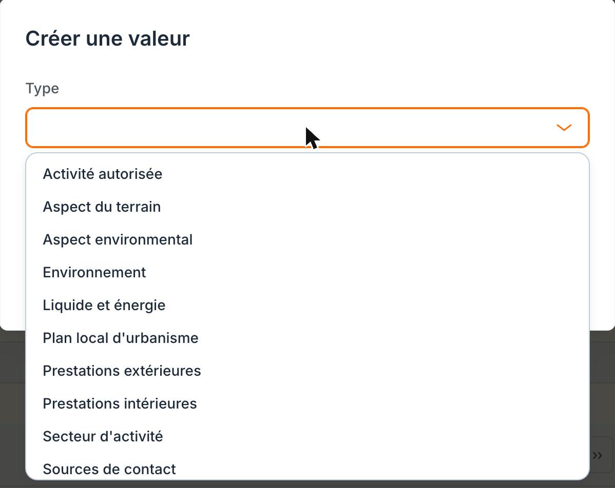 La liste « Type », début.