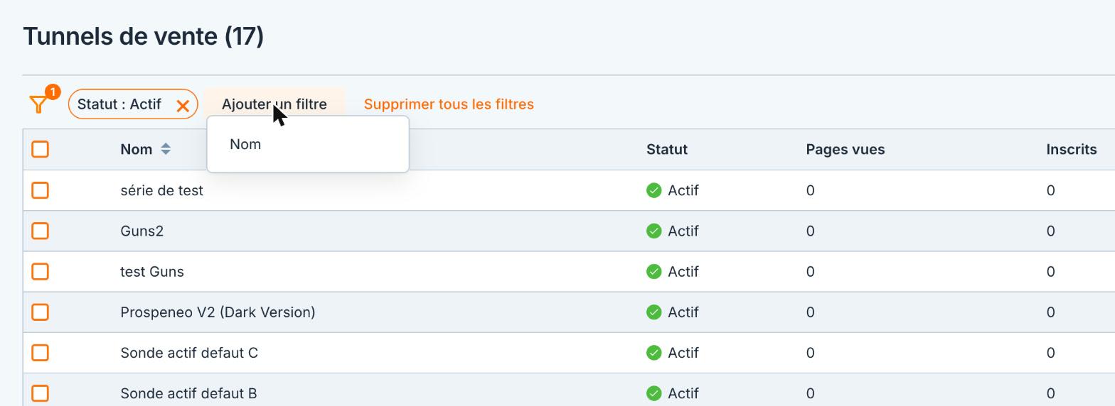 Le filtre « Statut : Actif » et le menu « Ajouter un filtre ».