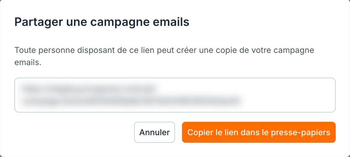 La fenêtre « Partager une campagne emails » et son lien.