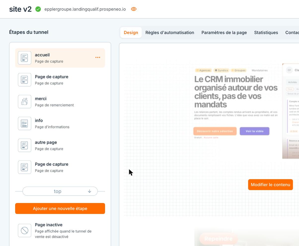 Des pages de capture, une page de remerciement, une page d'informations et un libellé de section.