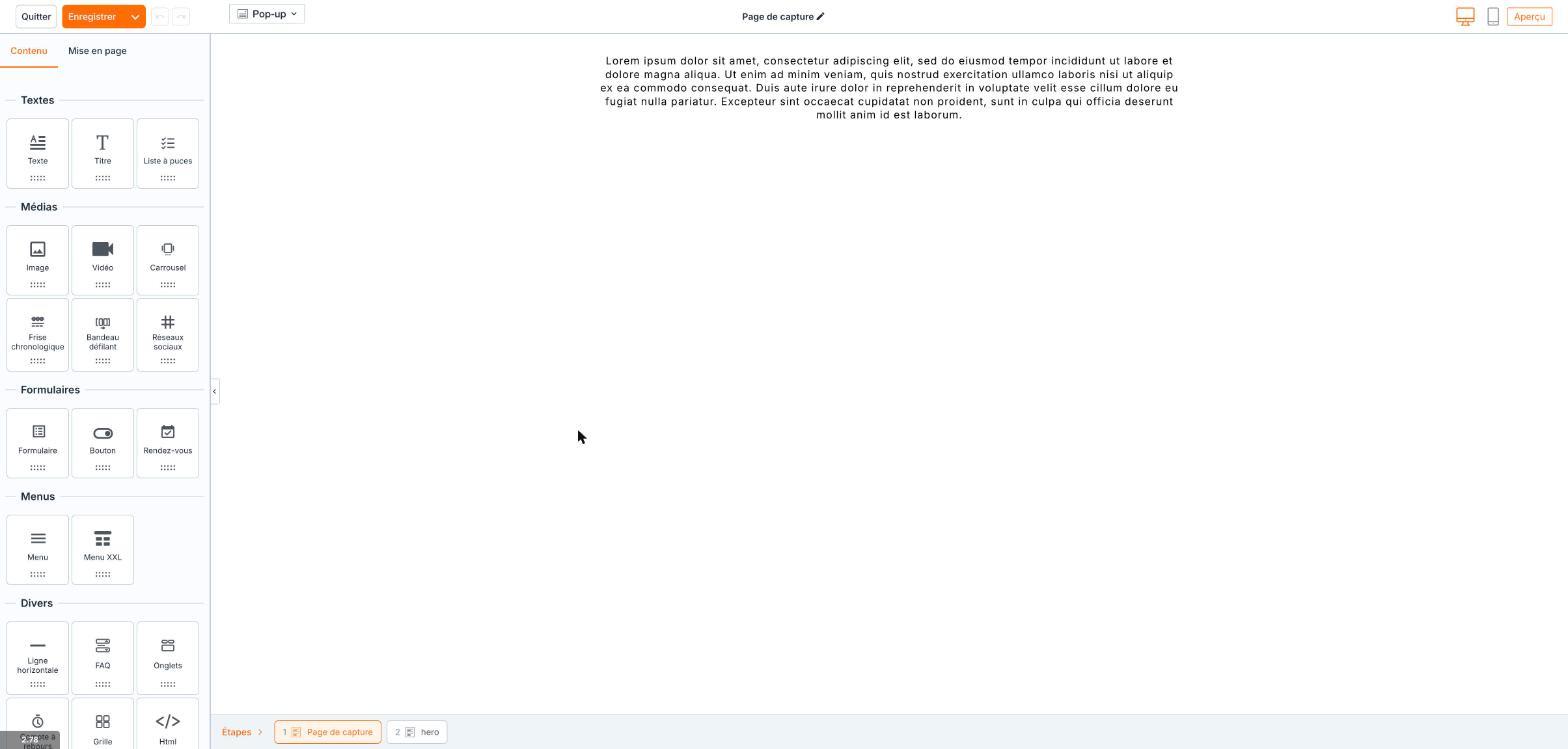 L'onglet « Contenu » : Textes, Médias, Formulaires, Menus, Divers.