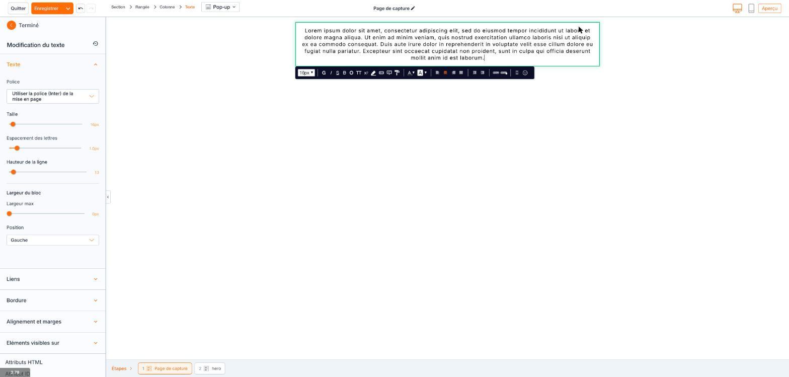 Le volet « Modification du texte » et la barre sous le texte.