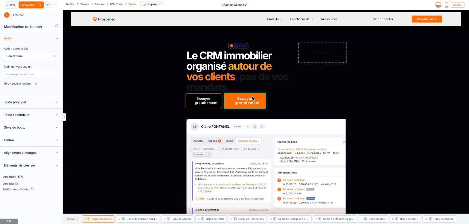 Le volet « Modification du bouton », rubrique « Action ».